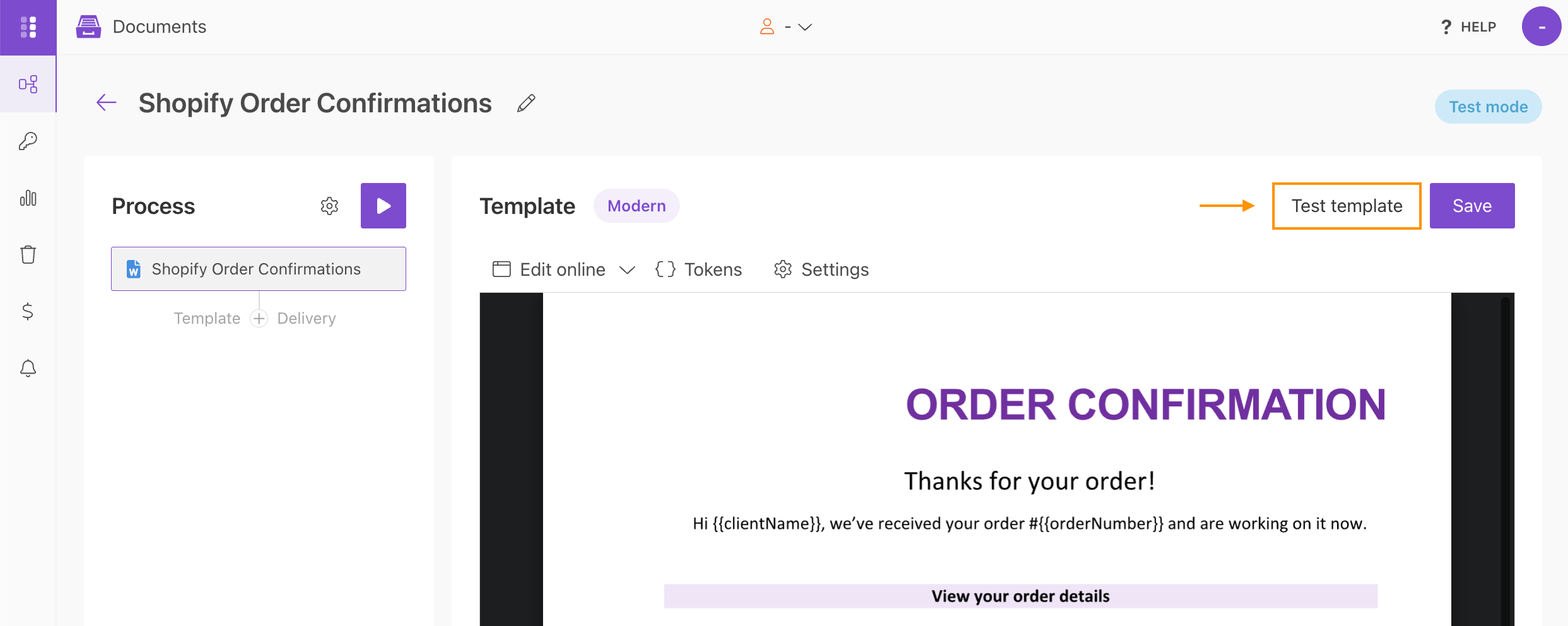 Preview the Shopify order confirmation template using the Test template option in Plumsail Documents