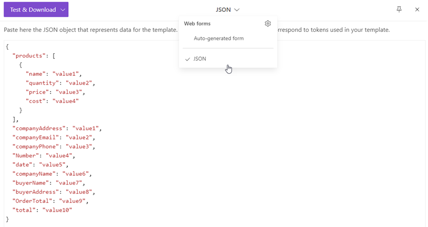 test template json