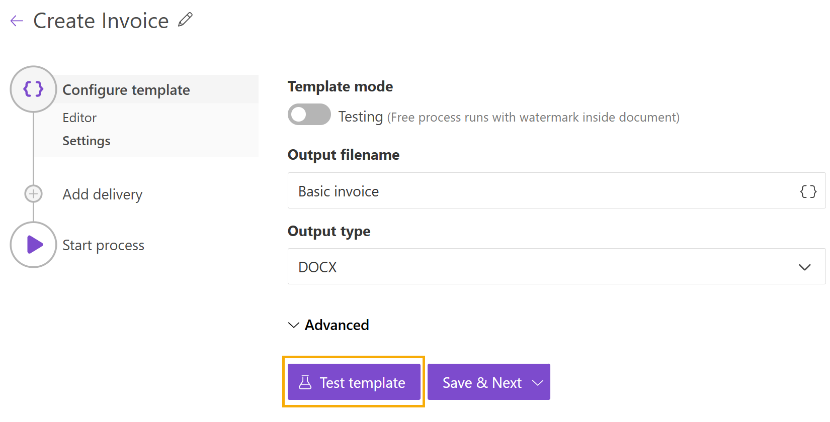 Test template from settings step