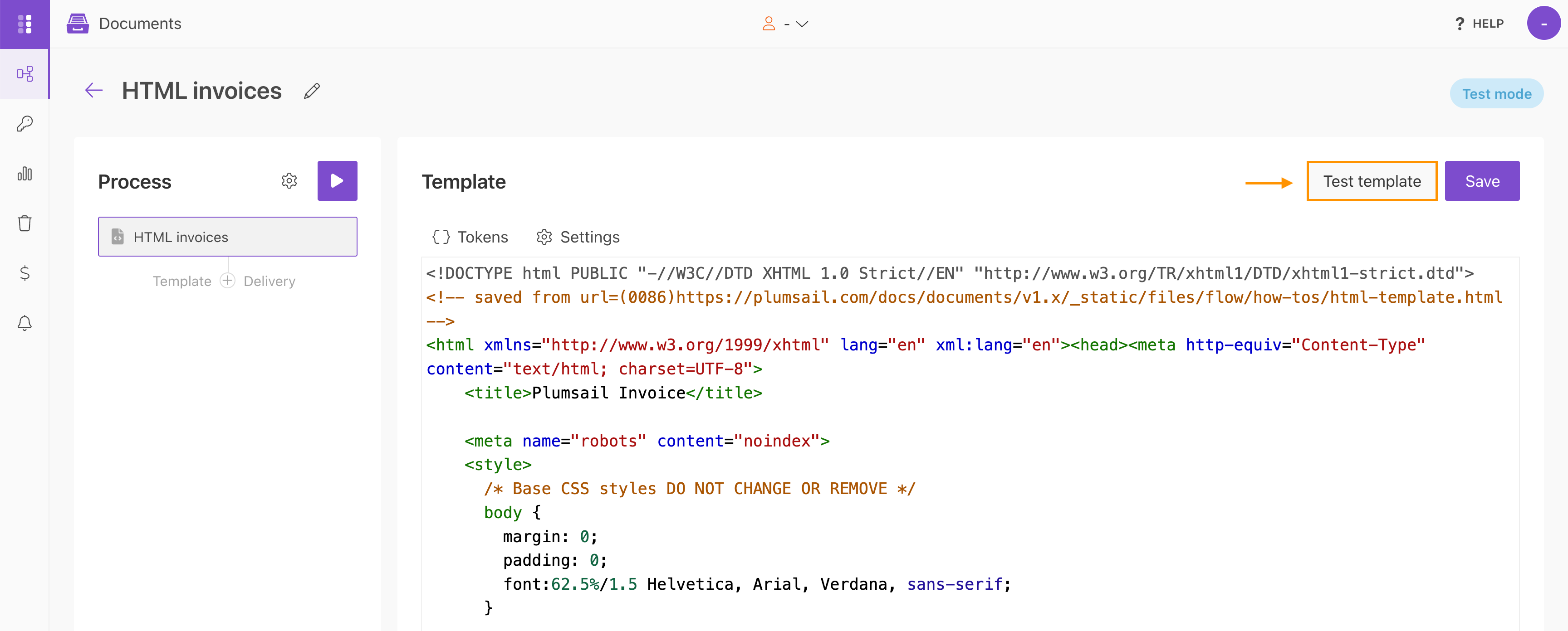 Test template option for previewing an HTML template with sample data