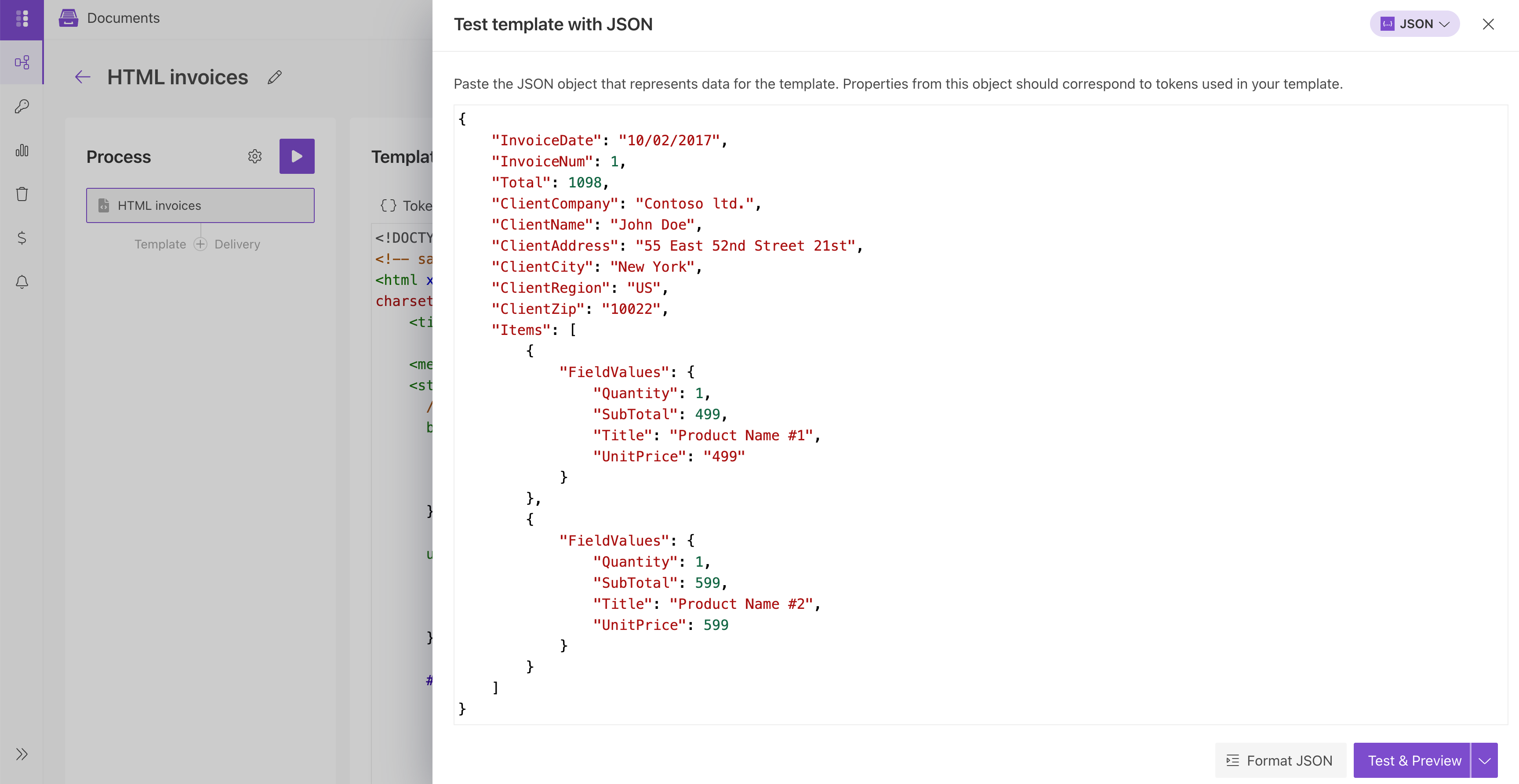 Test an HTML template with sample JSON data