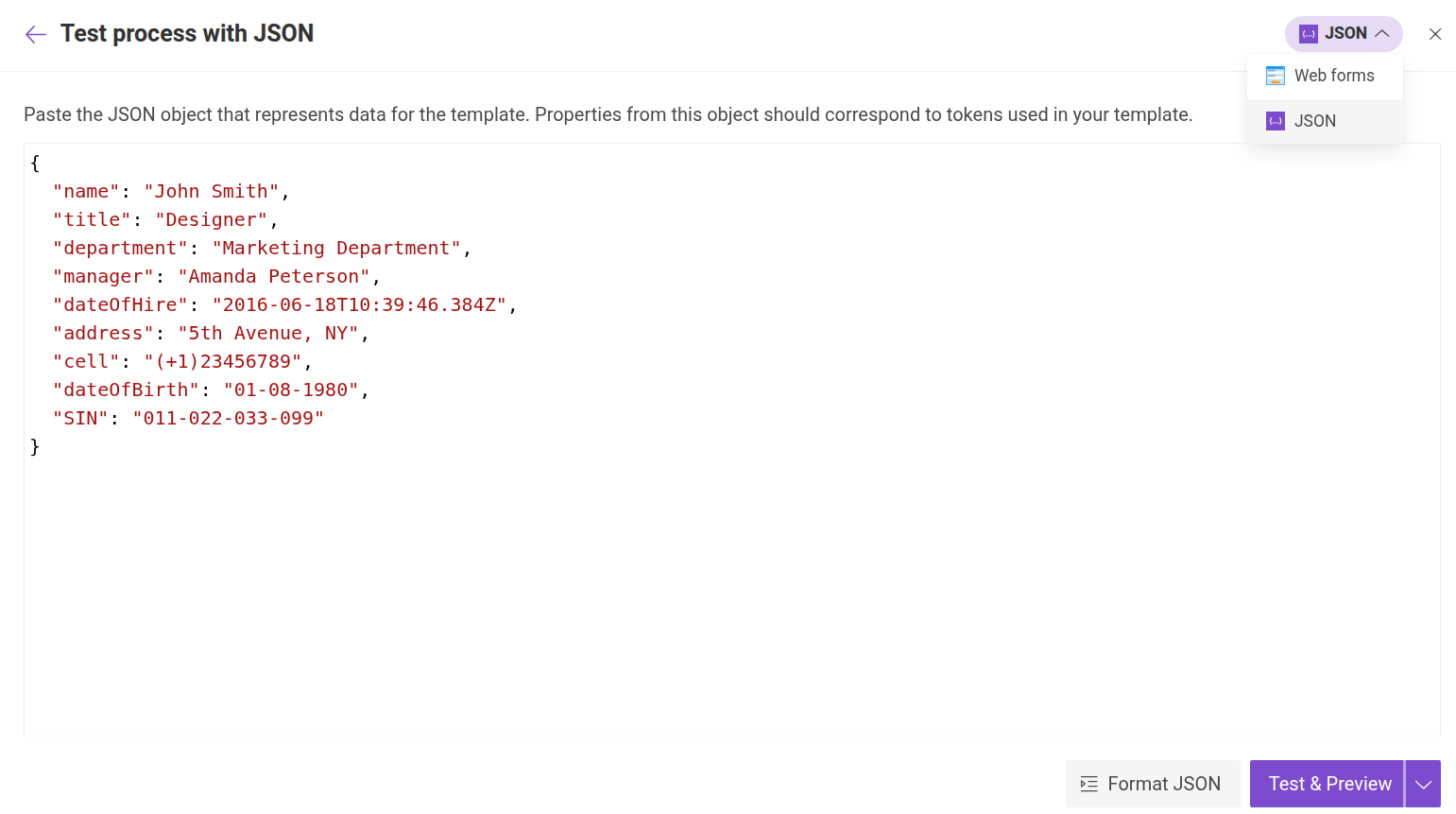 Test Excel template using a JSON data example