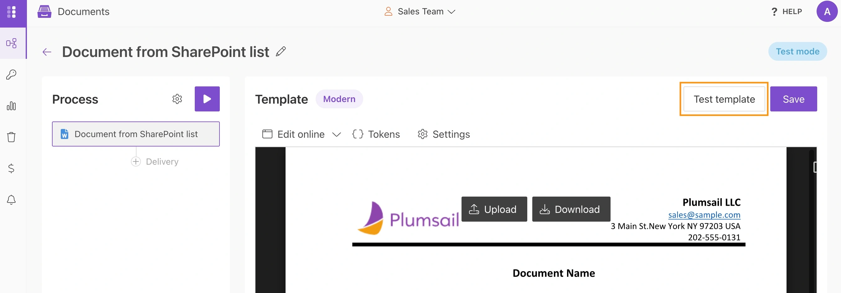 Test template button
