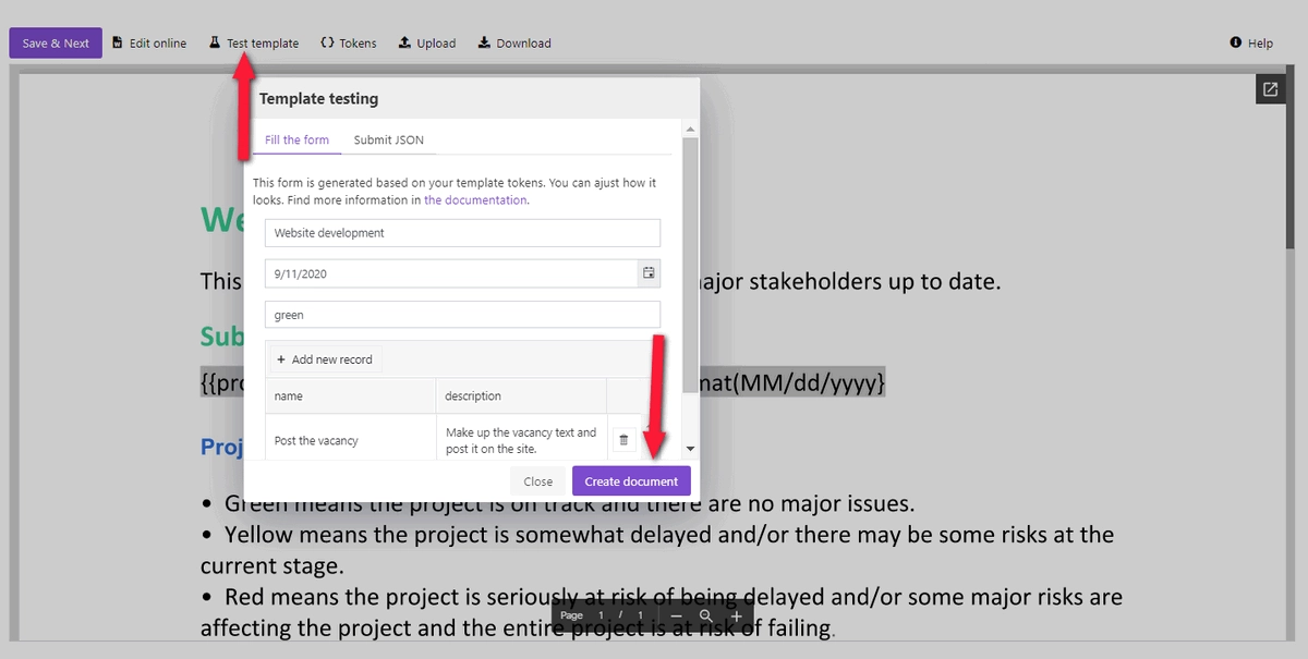 test template to see the resulting report