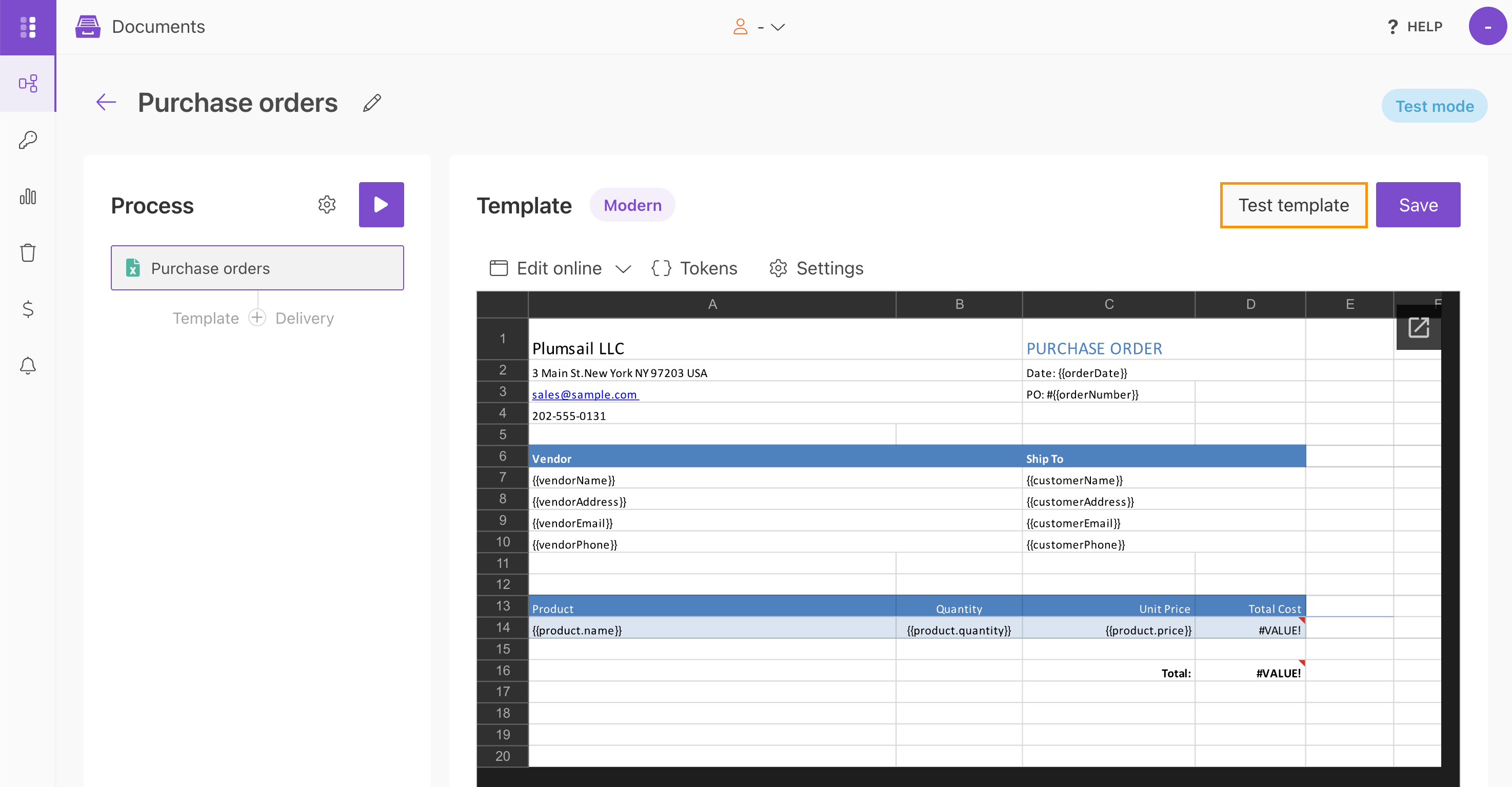 Test an XLSX template with sample data