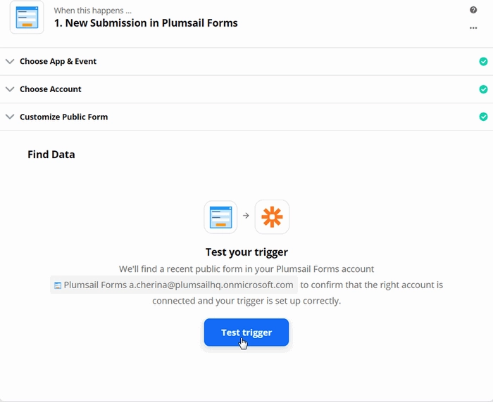 Test Plumsail Forms trigger to find data