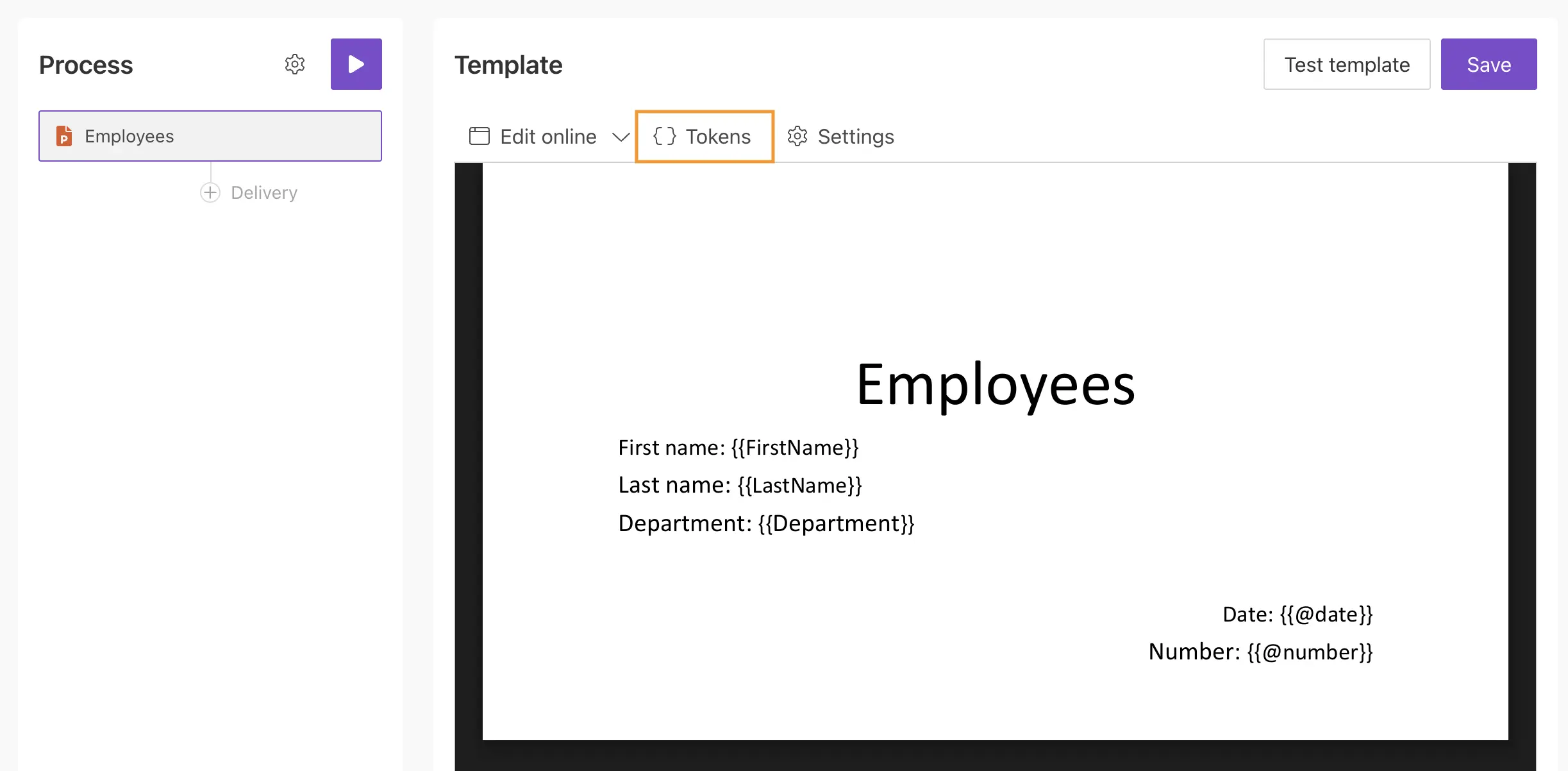 PPTX tokens button in the template editor