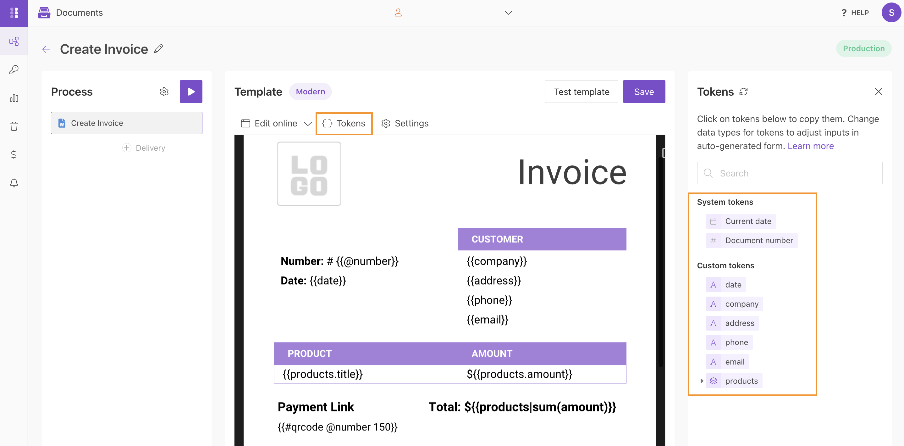 Tokens list with default types