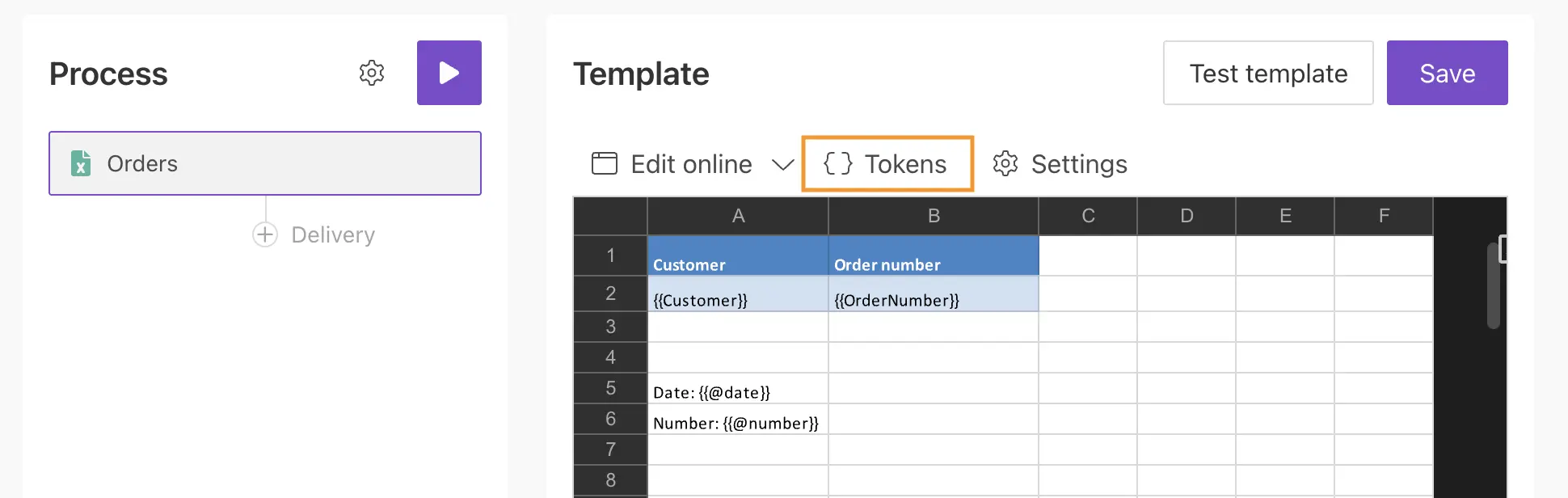 XLSX tokens button in the template editor