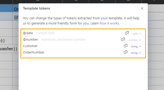 Tokens dialog