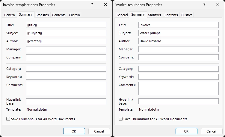 Update document metadata in a DOCX template using the Modern engine