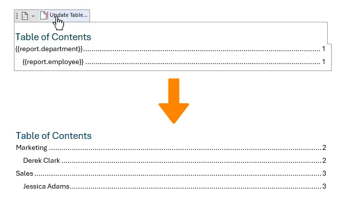 Update TOC in the result document