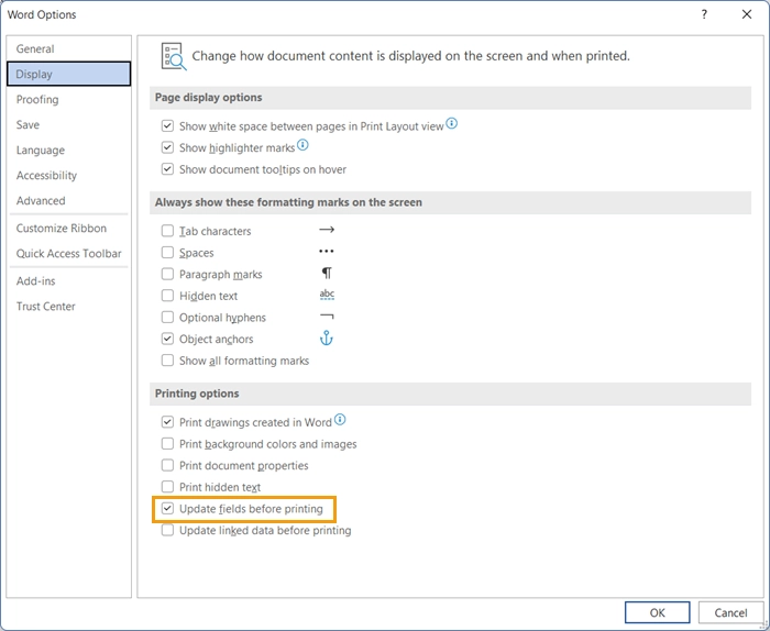 Update TOC Word settings