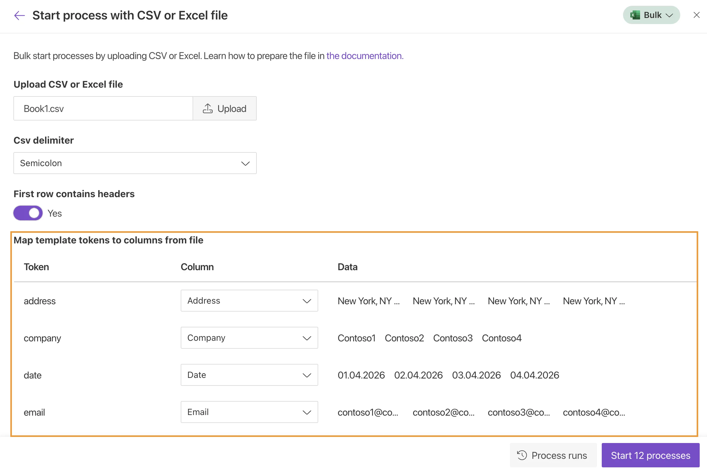 Map template tokens to file columns