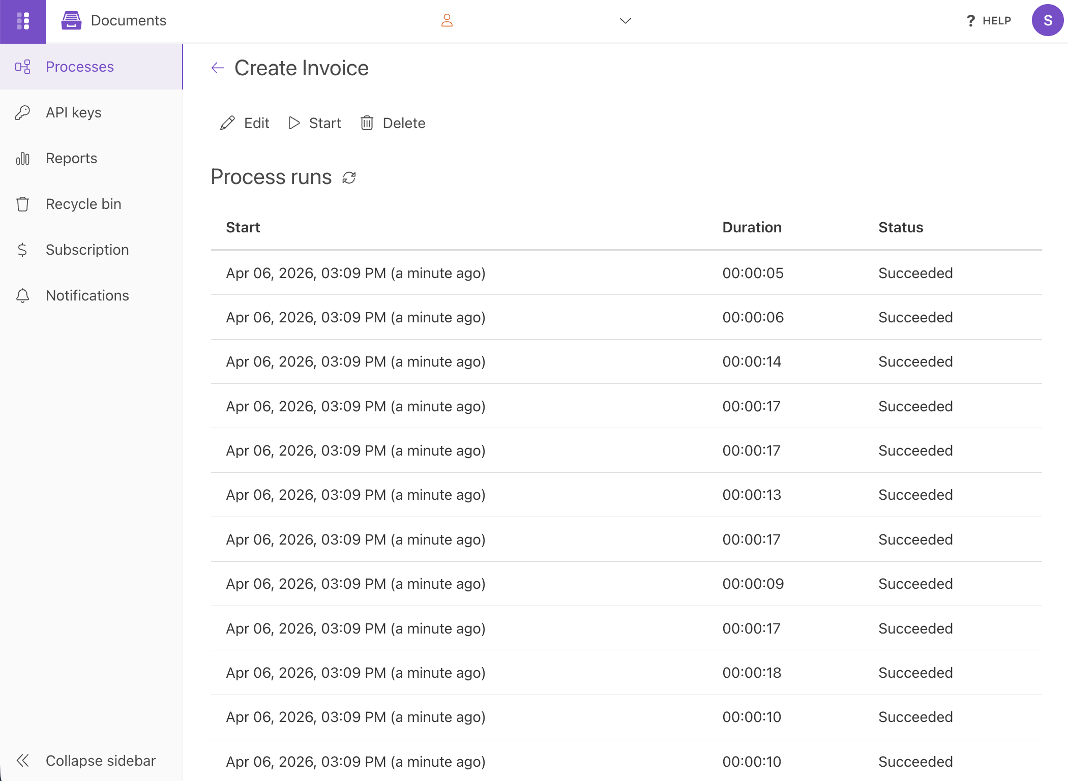 View process runs history and results