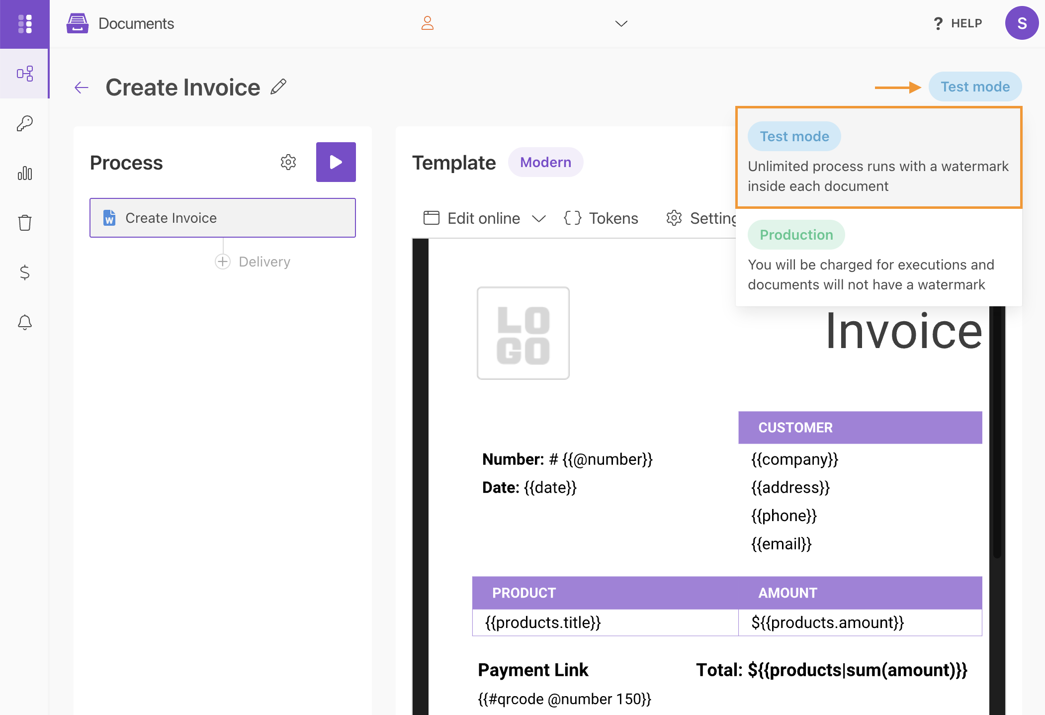 Select Test mode for process run