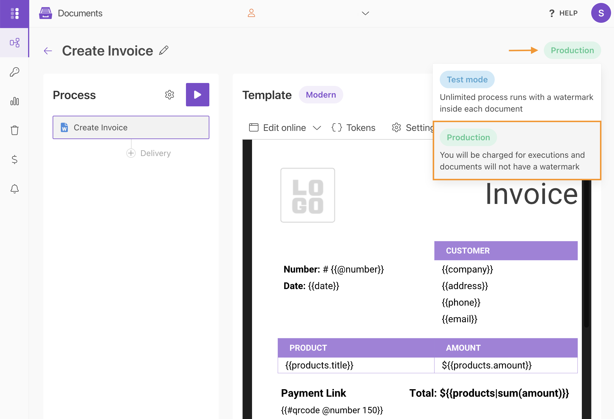 Select Production mode for process run