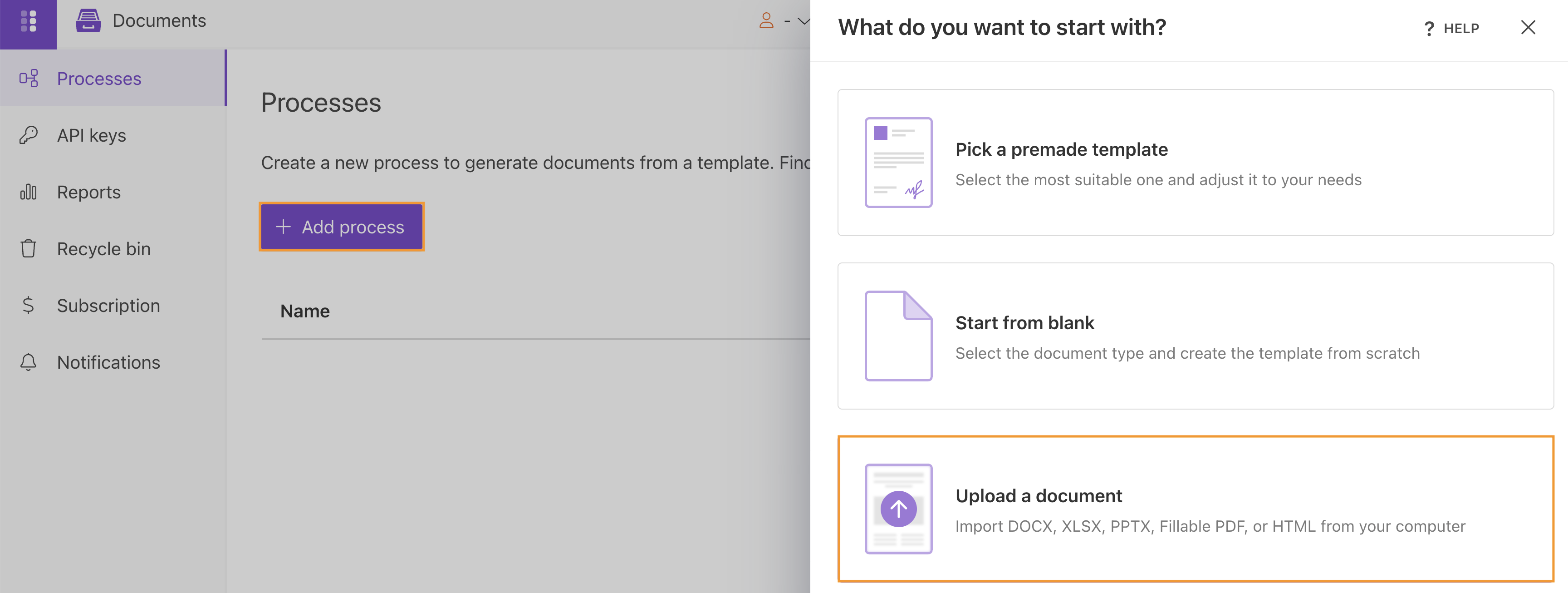 Upload HTML template using Upload a document
