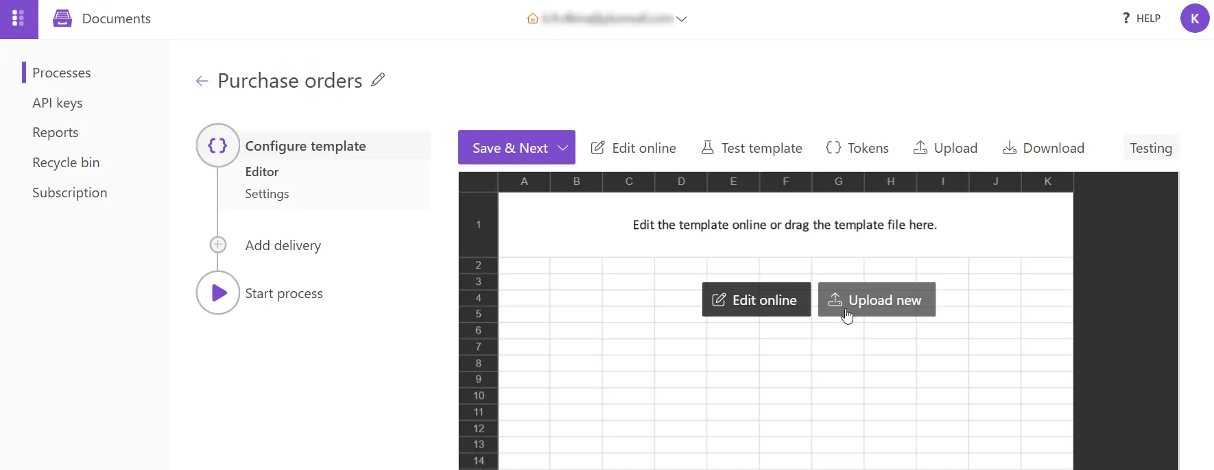 upload XLSX template file