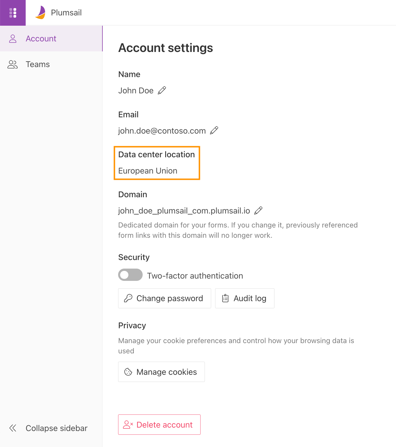 View the data center location for the Plumsail account
