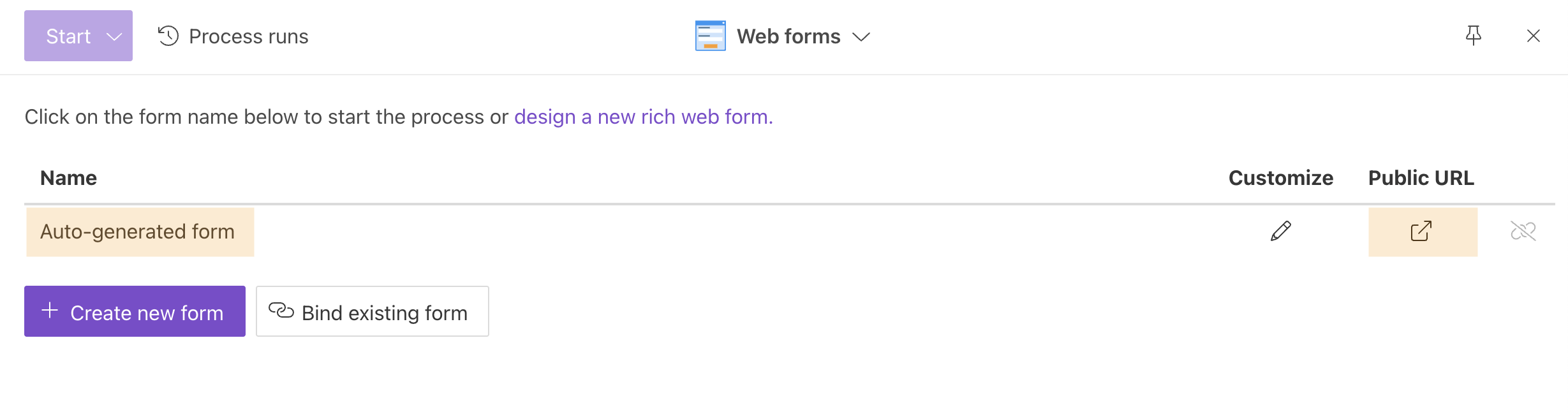 Auto-generated web form to start the process