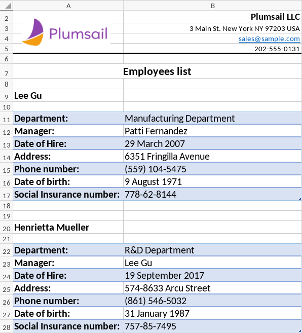 Generated Excel worksheet with a cell range hidden based on template logic