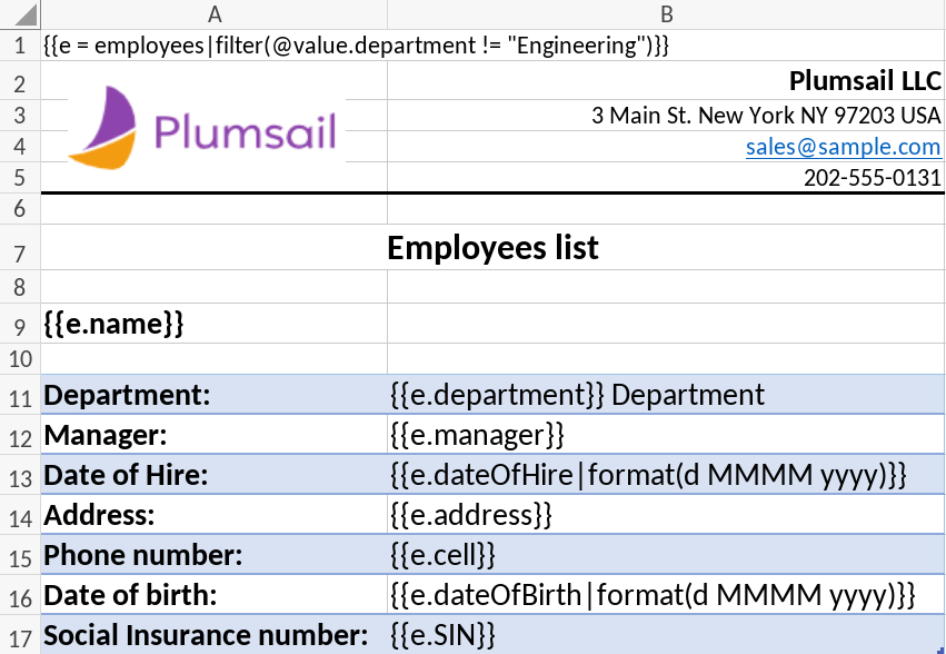 Excel template configured to hide a specified range of worksheet cells