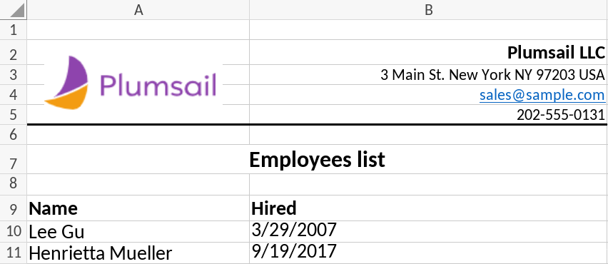 Generated Excel worksheet with selected rows hidden according to source data