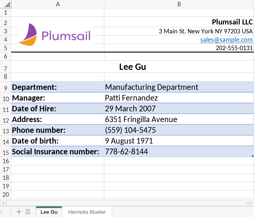 Generated Excel workbook with selected worksheets hidden according to source data