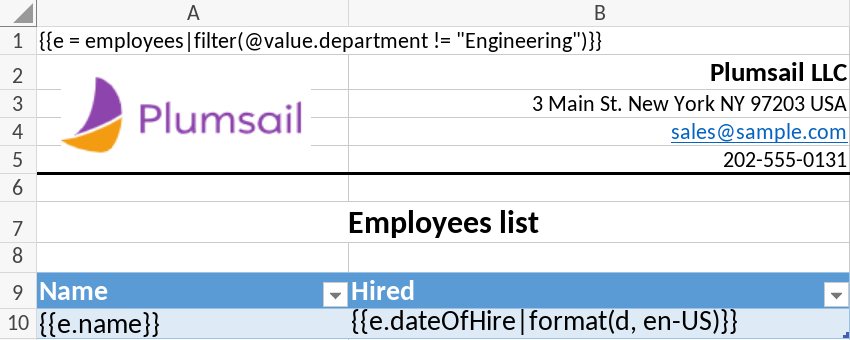 Excel template configured to hide rows within a structured table