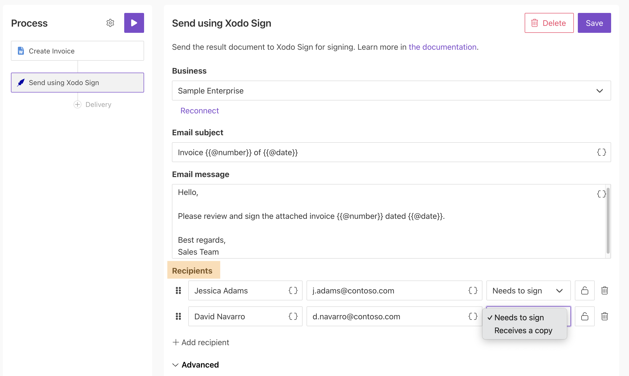 Recipients and their roles in Xodo Sign delivery