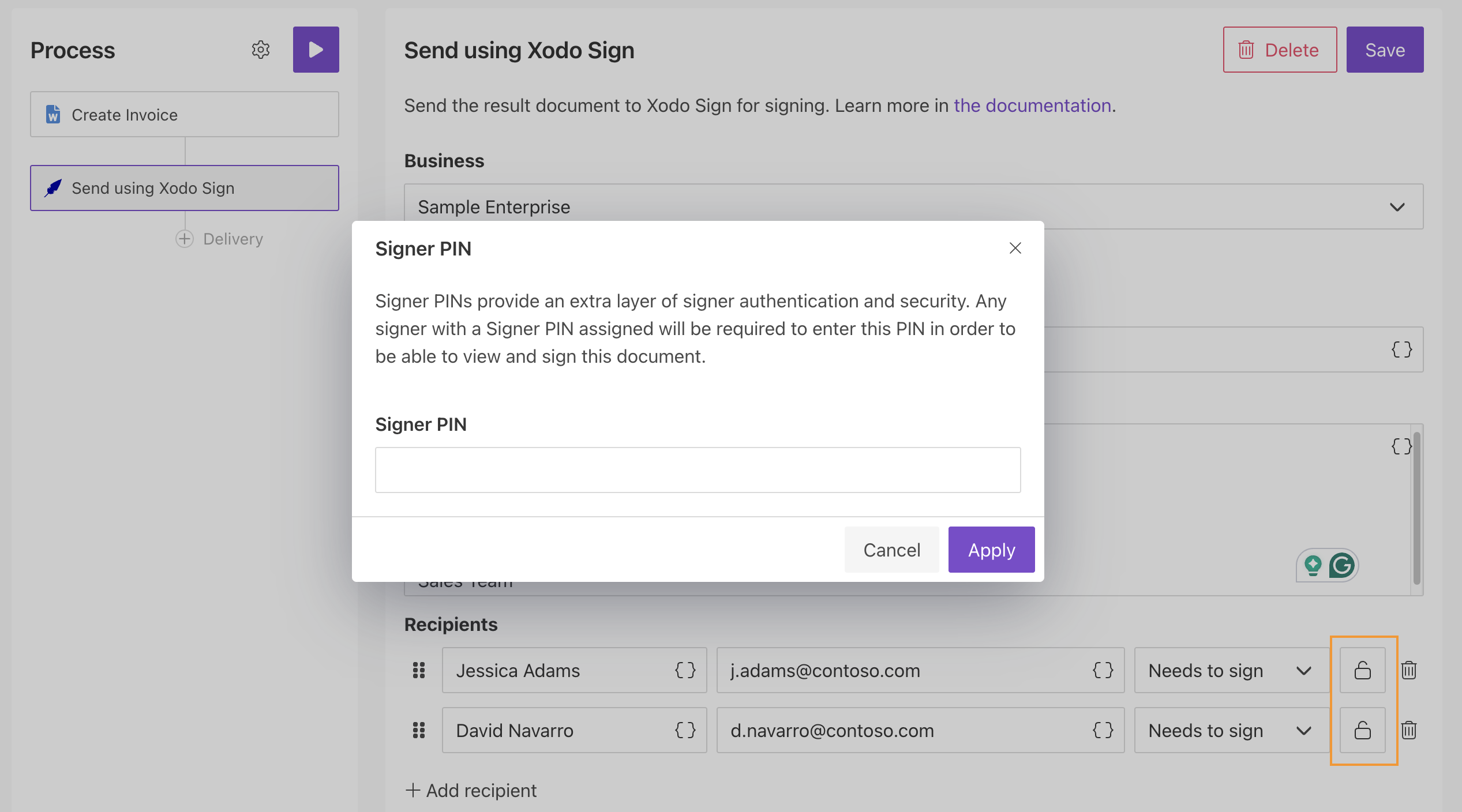 Set signer PINs in Xodo Sign