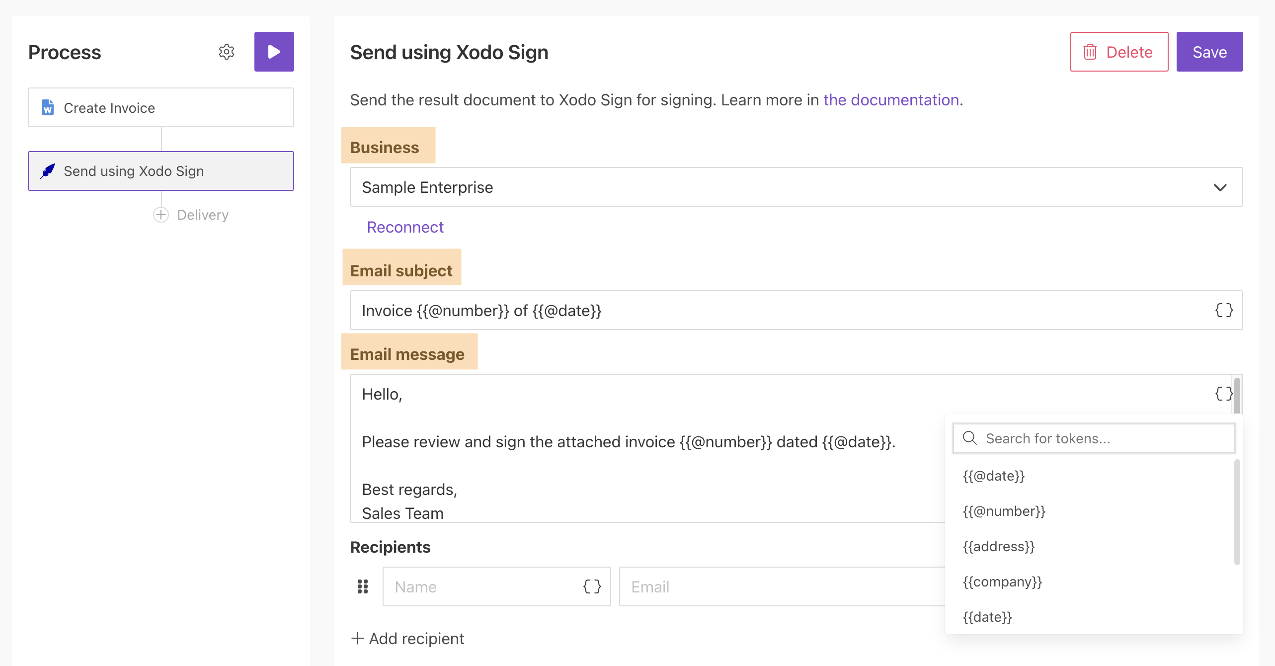 Xodo Sign business and email settings