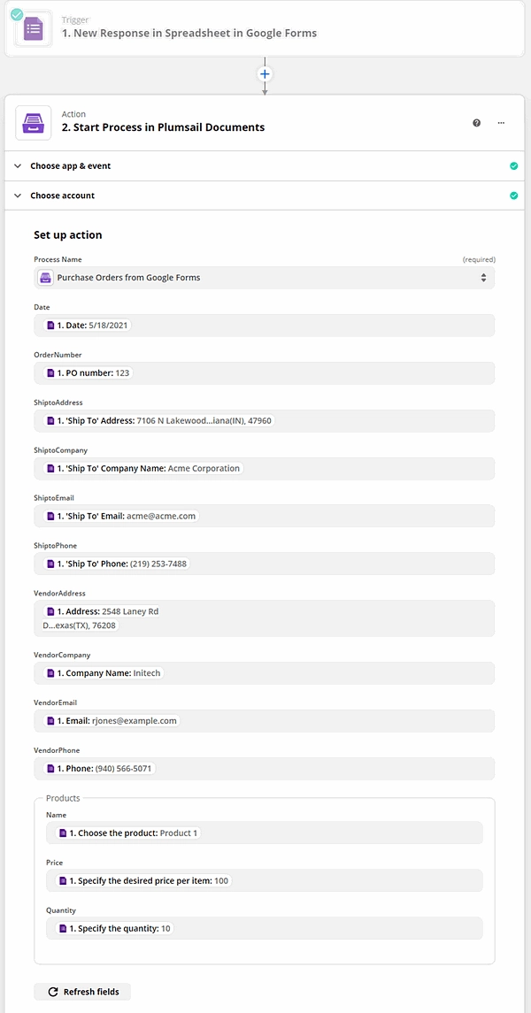 zapier connection between google forms and plumsail documents