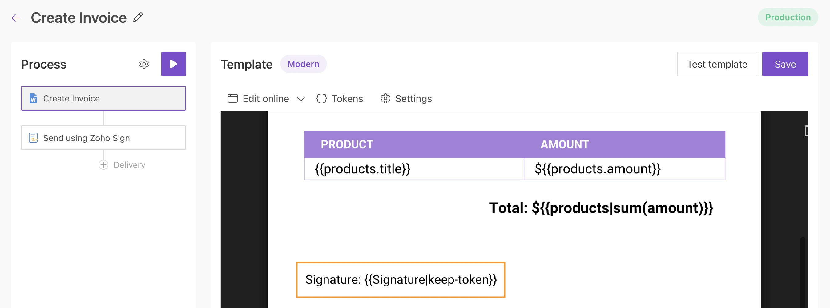 Zoho Sign tags in the process template