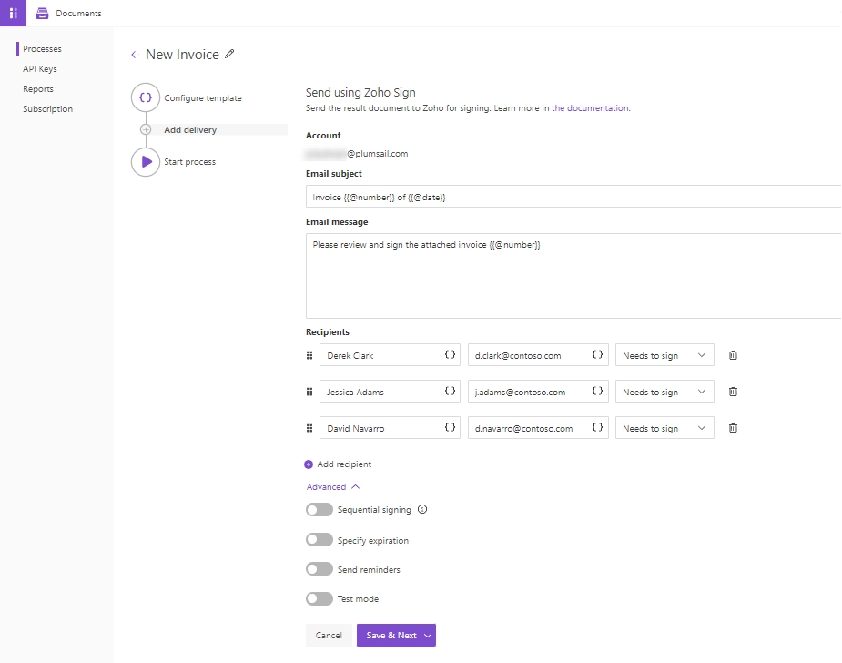 Zoho Sign delivery settings