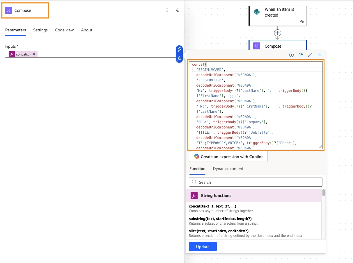 Concat function in Power Automate to build vCard string