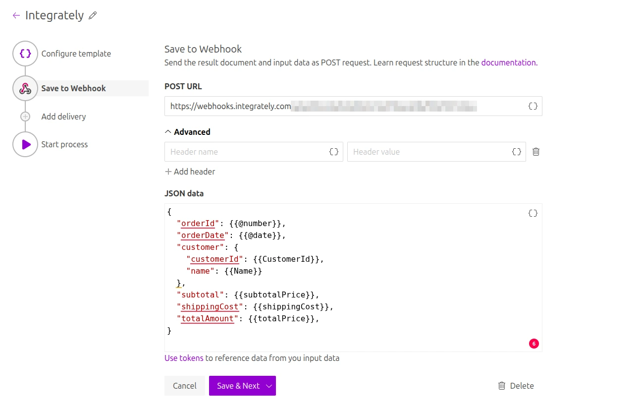 Integrately webhook configuration