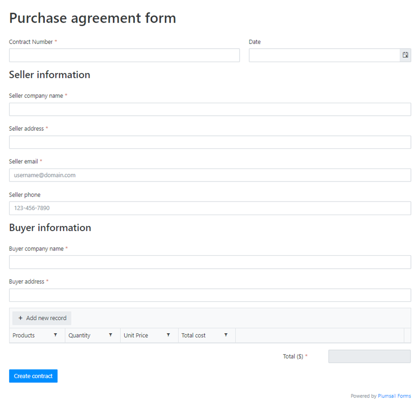 web form for sales contracts
