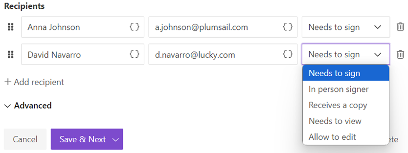 add recipients and assign their roles