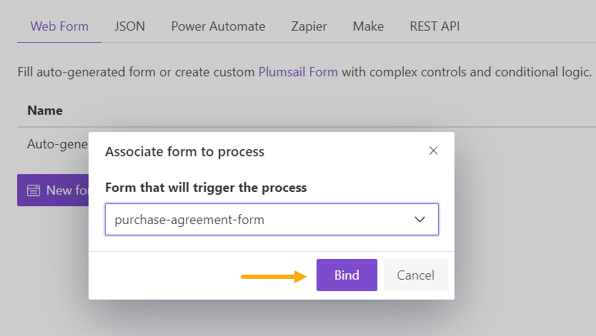 select form to bind