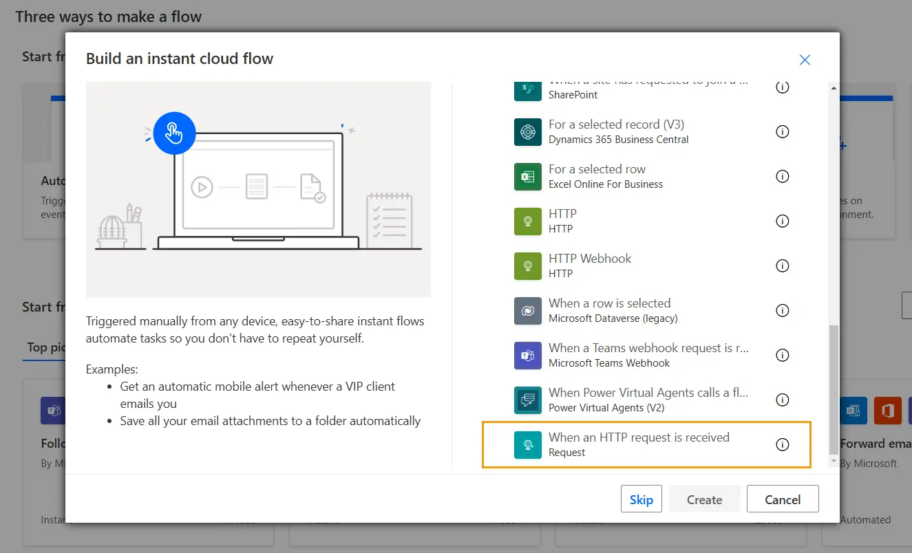 Create a new instant cloud flow