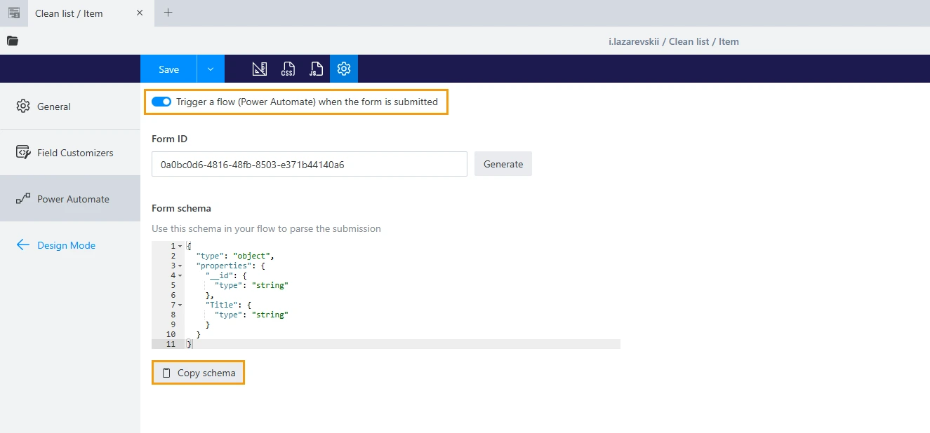 Copy the JSON schema from the form's settings