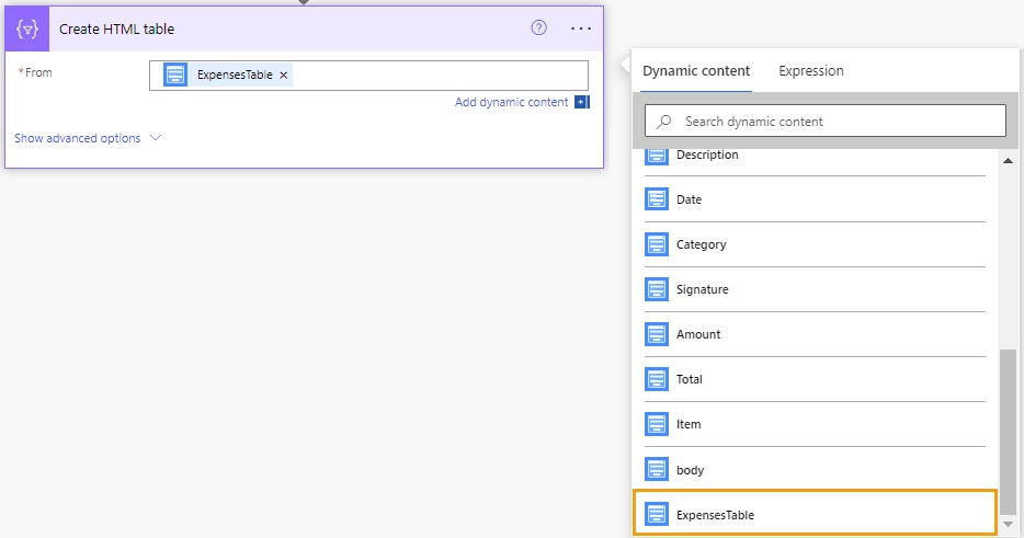 Create HTML table data