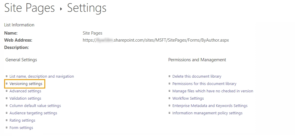 Versioning settings