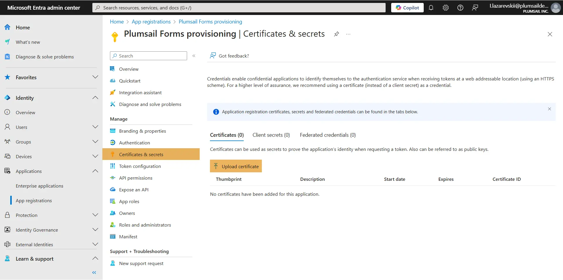 Upload the .cer file to Microsoft Entra