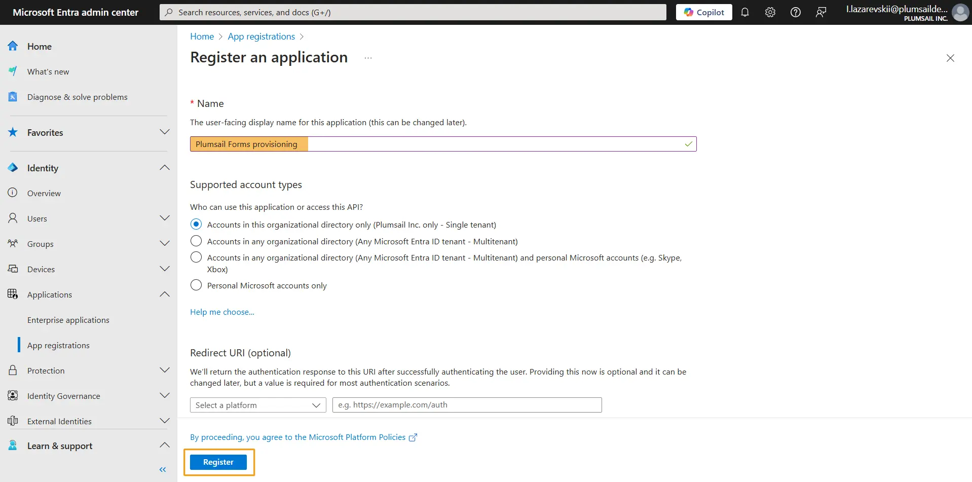 Create a new app registration