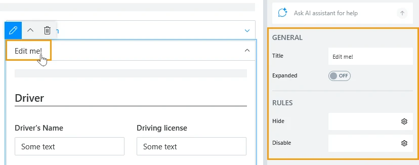 Specific panel selected with its properties on the right
