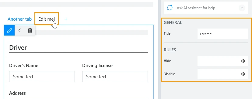 Specific tab selected with its properties on the right