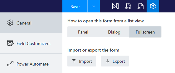 Display mode configuration menu (Fullscreen)